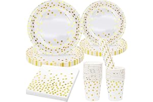 AMJKEJI Servizio da Tavola per Feste, 80Pezzi Bianche e Dorate Stoviglie per Feste 20 Ospiti Festa di Compleanno per Bambini Piatti di Carta Tovaglioli Stoviglie Bianco per Feste Nuziale Compleanni Halloween