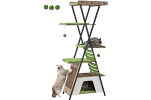FourFurPets Albero per Gatti, Alto 184 cm,Tiragraffi per Gatti Adulti, XXL,4 Posatoi, 1 Grotta,Tappeto Graffiatoio in Sisal, in Peluche a Più Livelli, Greige