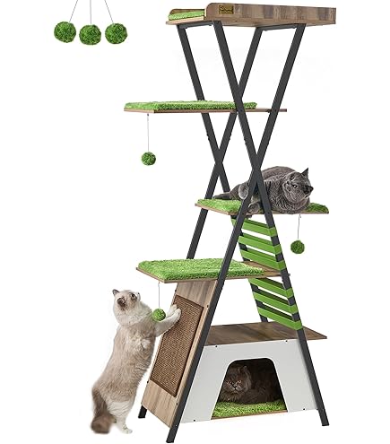Krabpaal met kunstmatige groene planten, extra hoge krabpaal met 5 niveaus (195 cm), veelzijdige krabboom, laat je kat buiten leven