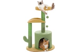 PETEPELA Rascador de 78 cm, Moderno Cactus para Gatos de tamaño pequeño y Mediano, con Cueva de Peluche, Bola de pompón, Cuerda de sisal, Barra para rascar