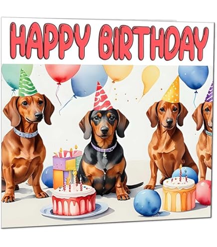 Cute Birthday Card With Dachshund Sausage Dog With Party Hat. Kawaii