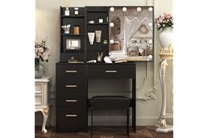 Aovquof Dressing Table with LED Mirror, Black Vanity Table with Adjustable 3-Colour Lighting, Makeup with Drawers, Modern Vanity Desk, Golden Handle (131x80x36cm)