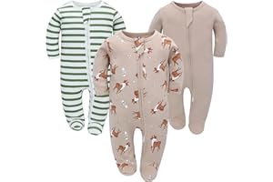 MIRACLE BABY 3pcs Newborn Baby Boys Girls Footie Romper Zipper One Piece Jumpsuit Long Sleeve Bodysuit Pajamas Infant Outfit Clothes