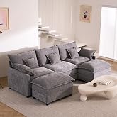 274 cm 3 Seater Modular U-Shaped Sofa with Moving Poufs, Grey | Chenille Fabric, Assembly Required, Deep Seat, Back Cushions,