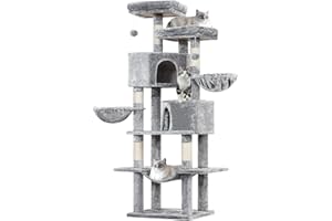 MSmask Arbre à Chat Stable de 180 cm, Tour de Jeux Chats avec 5 Poteaux en Sisal, 2 Grandes Plate-Formes, 2 Niches, 2 Paniers, Hamac, Centre d’Activités Multiniveau en Peluche, Gris Clair