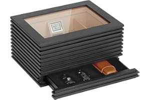 ‎CASE ELEGANCE CASE ELEGANCE Kobi Modern Glass Top Humidor, Dark Gray Wood Slat Design, Digital Hygrometer, Spanish Cedar, Humidor Solution, Hydro System, and Hidden Accessory Drawer - Holds (50-80 Cigars)
