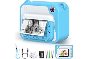 Ukuu Sofortbildkamera 2,4 Zoll 1080P KinderKamera mit 3 Rollen Druckpapier und 5 Farben Pinselstift Geschenk für Kinder Bildschirm Schwarzweiß Fotokamera mit 32GB Speicherkarte für Weihnachten - Blau