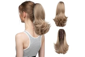 CJL HAIR Short Claw Clip Ponytail Hair Extension Drawstring Synthetic Fake Hairpiece for Women 12" Straight Ponytail with End Curls Brown to Ash Blonde