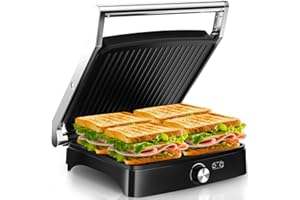 YASHE Sandwichera Eléctrica 2000W – Grill Panini y Parrilla Eléctrica Interior para Bocadillos, Carnes y Verduras – Placas Antiadherentes Grandes – Apertura 180° – Temperatura Automática – Fácil Limpi