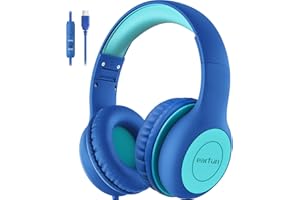 EarFun Składane słuchawki dziecięce z mikrofonem, ogranicznikiem 85/94 dB, udostępnianie, dźwięk stereo, wtyczka C, telefon/podróż, niebieski