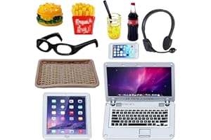 ARONRAVE Miniatur Zubehör, 10 Stück Miniatur Puppenhaus Set Simulation Metall Laptop Handy und Tablet Mini Brille Hamburger Cola Pommes Getränke Tablett Miniatur Deko Mini Puppenhaus