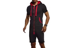 Leif Nelson Herren kurze Jumpsuit für Sommer kurze Hose kurzarm Overall Onesie Männer T-Shirt Kapuze Sommerjumpsuit Schlafanzug kurzer Jogginganzug Trainingsanzug LN8313