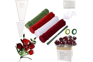 FINEVERNEK 300 Pièces Fil Chenille Bouquet de Rose Rouge, Cure Pipe Rouge Chenille, avec Floratape et Tige Fleur Artificielle, Adapté aux Fleurs de Décoration DIY pour Cadeaux de la Saint-Valentin