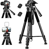 JOILCAN Camera Tripod for Canon Nikon Sony, 65" Aluminum Alloy Tripod Stand with Detachable Head & Phone Holder & Carry Bag,