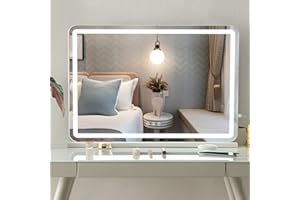 LIANWANG Modern Vanity Makeup Mirror with Touch Screen and USB Port to Charging, Large 32inch HD Lighted Mirror with 3 Color Modes and Dimmer Switch for Girls, Women. (White Alloy Base)