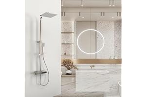 OCEAN ITALY S.R.L. OCEAN ITALY Set Doccia a Pioggia con Soffione e Doccetta Cromati, Gruppo Doccia con Miscelatore Termostatico, Saliscendi Doccia Moderno Quadrato Regolabile 80-120cm