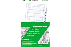 ‎ZETTLER Kalender-Ersatzeinlage 2024 - für den Taschenplaner Typ 530 - 8,8x15,2 cm - 1 Monat auf 2 Seiten - Registerschnitt - separates Adressheft - Notizheft - 530-6198