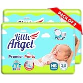 Little Angel Premier Pants Baby Diaper, New Born (NB/XS) Size, 56 Count, Cottony Soft Material, Wetness Indicator, Breathable