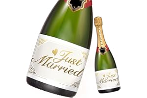 ‎LINEO "Just Married" Hochzeit-Flaschenetikett 2 Stück für Sekt- & Weinflaschen selbstklebend; Hochzeit-Geschenk (14,8 x 10,5 cm) (Weiß)