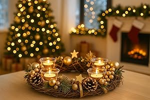 ‎KAMACA KAMACA XL Weihnachtskranz Dekokranz aus massiven Holzzweigen Ø 34 cm mit Tannenzweigen Kugeln und 4 Glas Kerzenhaltern Advent Weihnachten Festliche Tischdecko (XL Adventskranz Gold 34 x 34 x 8 cm)
