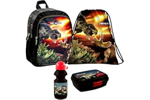 Dinosaurier Dino T-Rex 4 Teile Rucksack Tasche Kindergarten Set Brotdose Trinkflasche mit Sticker-von-Kids4shop