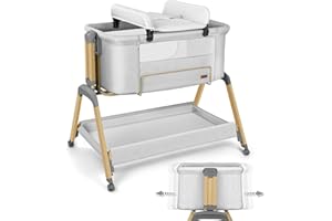 Uuoeebb 4-in-1 Bedside Crib, Baby Bassinet with Changing Table, Baby Bedside Sleeper with Mattress, Baby Crib with Wheels & Travel Bag, 5 Height Adjustable Rocking Crib for Newborn