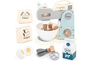 UMU® Juego de mesa de madera – con tazón de mezcla, batidor, ingredientes y más, juego de batidora de cocina de juguete para niños, 10 piezas, accesorios de cocina para pequeños cocineros a partir de