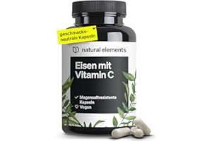 ‎NATURAL ELEMENTS natural elements Eisen 20mg (aus Eisenbisglycinat) pro Kapsel – mit 42mg natürlichem Vitamin C – vegan, geschmacksneutral – 180 Kapseln – Premium-Rohstoff: FerrochelTM (Eisen-Chelat)