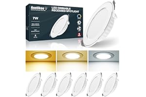 ‎ASSTIKOO Asstikoo Einbaustrahler LED Dimmbar, 230V 3000K-6500K Ultra Flach Aluminium Einbauleuchten, 7W 700LM Deckenstrahler, 80-100mm EinbauØ LED Spots, 30mm Einbautiefe IP44 Decken Spot- 6er Set (Weiß - 7W)