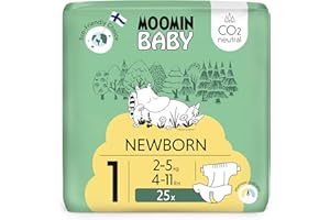 ‎DELIPAP Moomin Baby Neugeboren Öko Windeln Größe 1, 2-5 kg 25 Stück, Weiche Premium Windeln mit Nässeindikator | Weich und hautfreundlich, Atmungsaktiv, Saugfähig, Keine unnötigen Chemikalien |