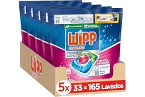 Wipp Express Power Caps Detergente Floral en Cápsulas para Lavadora, Pack de 5, Total 165 Dosis, Limpieza Profunda, Eficaz en Agua Fría