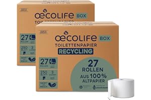 ‎ŒCOLIFE œcolife Toilettenpapier Box RECYCLING, 3-lagig, 54 Rollen, 250 Blatt pro Rolle, Recyclingpapier, plastikfrei verpackt
