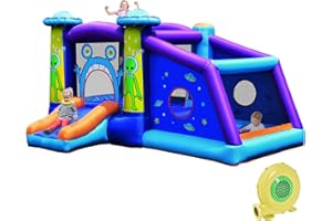 GOPLUS Aufblasbare Hüpfburg, Springburg mit Alien-Motiv, Spielburg mit Rutsche, Stabil mit Heringen, inkl. Tragetasche & Reparatursatz, für 3 Kinder von 3-12 Jahren, 331x258x178cm (Mit Gebläse)