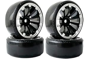KINGCOO RC Drift Car Wheel and Tyre, 4PCS 63mm Hard Tires 10 Spoke Plastic Wheel Rims for 1/10 On-Road Racing Drifting Car Spare Parts for HSP Tamiya HPI Kyosho (Black/Silver)