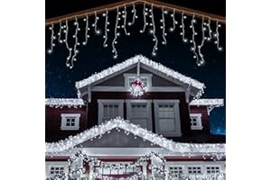 ANSIO® Luci Natale Esterno Cascata 7.5m 220 LED Luci di Natale Luminose Bianco Fredda Luci Natalizie da Esterno/Interno Ideale per Mantello, Balcone Lucine Luminoso | Cavo Trasparente