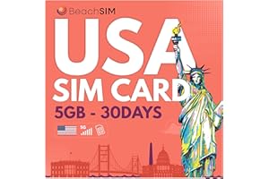 BeachSIM USA SIM Karte für 30 Tage. 5 GB Datenvolumen mit 4G/5G-Netzen. Schnelle Aktivierung. Einfaches Aufladen. Nur Daten. Funktioniert auf iOS- und Android-Geräten.