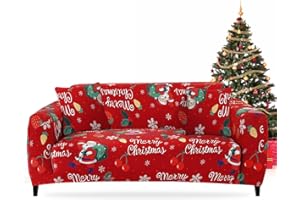 FIGOOO Copridivano Natalizio Elasticizzato 3 Posti Copridivano con Braccioli a Stampa Elemento Natalizio Copridivano Fantasia Lavabile Spandex Fodera per Divano,Ciliegia