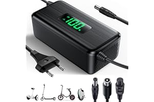 Dufuso 42V 2A Chargeur Trotinette Electrique avec Écran LED de Charge(%), Chargeur Hoverboard avec 4 Connecteurs, Chargeur Universel pour Toutes Les Batteries Lithium de 36V, avec Ninebot, Xiaomi