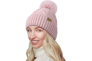 BLURBE Winter Hats for Women - Warm Knitted Bobble Hat Fleece Lined Thermal Beanie Hats Ladies Soft Ski Cuff Cap with Pom Pom