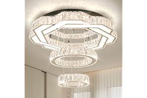 FRIXCHUR 22.5'' Modern Crystal Chandeliers Large LED Ceiling Light Flush Mount Chandelier 2 Ring Round Light Fixtures for Living Room Bedroom Dining Room (3 Color), (MC105)