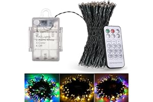 BOWKA 150 luci a LED, luce bianca calda e colorata e RGB, funzionamento a batteria, 9 modalità, per interni ed esterni, dimmerabili, per giardino, matrimonio, Natale, feste, 15 metri