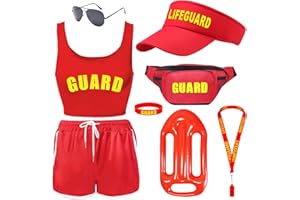 SAIER TBO 7 Pièces Ensemble de Costumes de Baywatch, Set de Accessoires Déguisement de Sauveteur avec Body Bonnet Planche Gonflable Sac Lunettes Sifflet Bracelet pour Homme Femme Plage Piscine Halloween Cosplay
