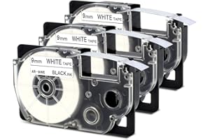 Invoker Compatible con reemplazo de cinta de etiquetas para Casio XR-9WE2S XR9WE2S XR-9WE XR-9WE1, para KL-60 KL-HD1 KL-100 KL-120 Impresora de etiquetas, 9 mm x 8 m, negro sobre blanco, paquete de 3