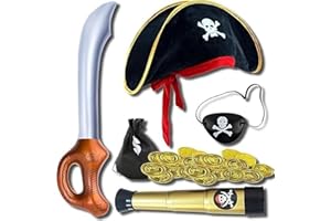 Fartoni Disfraz Pirata Niño O Disfraz Pirata Niña. Accesorios Sombrero O Gorro Pirata + Telescopio + Parche Pirata+ Espada Pirata+ Monedero. Disfraz Para Carnaval, Navidad, Halloween O Cumpleaños.