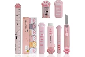 DISNACE Set di cancelleria 9 pezzi Set di cancelleria con zampa di gatto carino Temperamatite rosa cartone animato, gomma retrattile, correzione con righello, foglietti adesivi per studentesse che scrivono