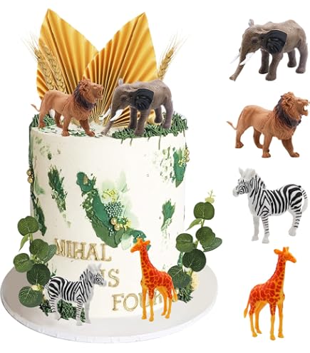 16-teiliges Dschungel-Kuchendekor-Set – 3D Tiere (Giraffe, Löwe Etc.), Goldene Blätter, Für Geburtstagstorten, Wiederverwendbar