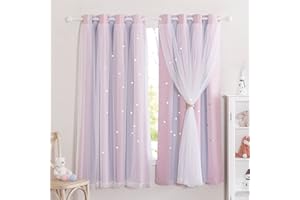 ‎NICETOWN NICETOWN Gardinen Kinderzimmer Mädchen 2er Set Doppellagige Vorhänge mit Hohlen Sternen und Voile Dekoration Verdunklungsvorhänge Kurz H 160 x B 132 cm, Pink+Lila