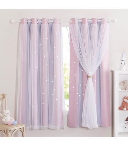 XiDi Grijze verduisteringsgordijnen met net 132 Drop Hollow Out Star patroon mix witte voile korte transparante gordijnen met oogjes voor kinderen tieners slaapkamer roze lichtgrijs / 132/137/2 IT