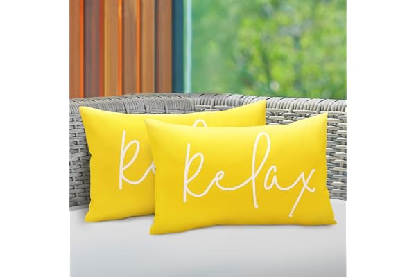 Lewondr Housses de Coussin d'Extérieur Imperméables, 2 PCS 30x50cm Taies à Motif Relax, Housses de Coussin Décoratives Jardin d'Été pour Canapé de Terrasse Balcon Véranda, Jaune