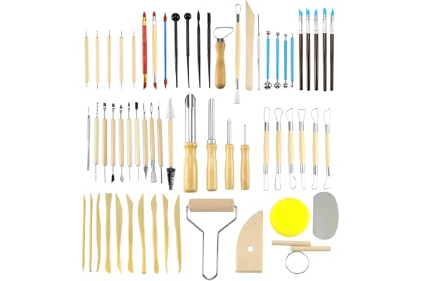 QWORK® 61 Pièces Ensemble Outils Poterie, Outils en Céramique, Outils Sculpture Argile avec Pointes en Acier Inoxydable, pour Bricolage, Gravure, Modélisation